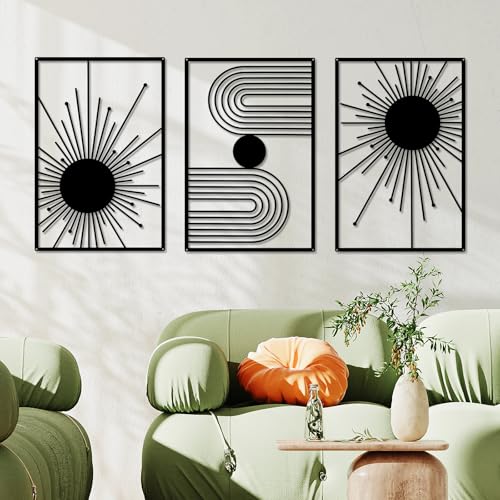 YIYA 3 Pcs Black Metal Wall Art Minimalist Sun Geometric Line Wall Decor, Modern Abstract Boho Wall Sculptures, Hanging Metal Wall Art for Living Room Bedroom Office 15.7" x 10.4"