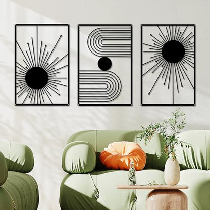 YIYA 3 Pcs Black Metal Wall Art Minimalist Sun Geometric Line Wall Decor, Modern Abstract Boho Wall Sculptures, Hanging Metal Wall Art for Living Room Bedroom Office 15.7" x 10.4"