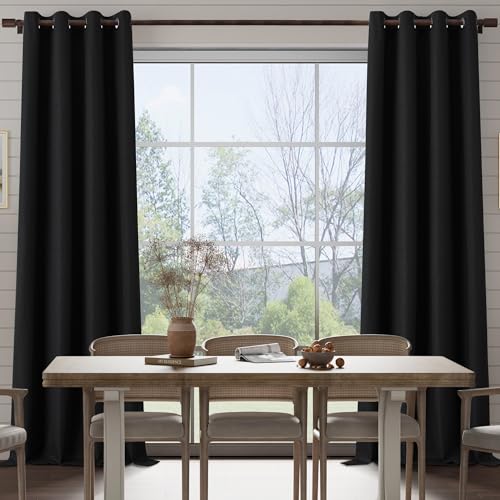 100% Blackout Linen Textured Curtains 84 Inch Length 2 Panels Set for Living room, Bedroom, Light Weight Curtains with Grommets Top, Full Blackout Curtains Privacy Protection, Black, 52" W x 84" L - color: Black, size: 52"W x 84"L (Pack of 2)