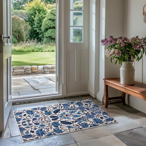EverGrace Area Rugs for Entryway 2x3, Boho Floral Faux Wool Indoor Outdoor Small Rugs, Washable Rugs for Bedroom Bathroom Laundry Doormat, Low Pile Floor Mat Carpet for Home Decor, Celtic Blue - color: Celtic Blue Multi, size: 2'x3'