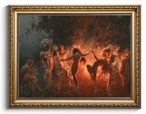 LHHJDIO Vintage Gold Framed Wall Art Gothic Canvas Art Dark Academia Art Prints Fire Dance Pictures Wall Decor Fantasy Demonic Ritual Artwork for Living Room Game Room - color: Dark-11, size: 16"L x 12"W