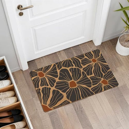 Boho Abstract Floral Door Mat,Mid Century Modern Black Flower Front Door Mat Rug Outdoor Indoor Entrance, Retro Bohemian Botancial Artificial Coir Doormat for Porch Patio, 30x17 Inch
