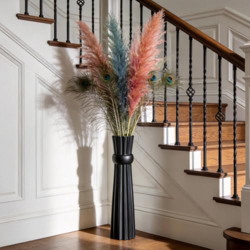 Tall Floor Vase 23.6 inches – Striped-Shaped with a High-Gloss Finish Resin Handmade Decorative Floor Vase，Perfect for Placement in hallways, Next to fireplaces, or Beside sideboards - color: Black