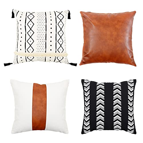 GALMAXS7 Boho Throw Pillow Covers 20 x 20 Set of 4,Faux Leather Throw Pillow Covers,Modern Farmhouse Decorative Pillow Cover Sets for Living Room Couch Sofa Bed,Black and White Pillow Covers