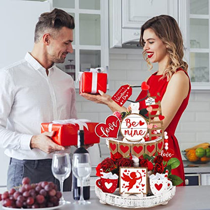 Frienda 12 Pieces Tiered Tray Decor Buffalo Plaid Table Wooden Sign Decorations Cupid Tabletop Heart Signs Be Mine Love Decor for Party Home Kitchen Holiday - style: Heart