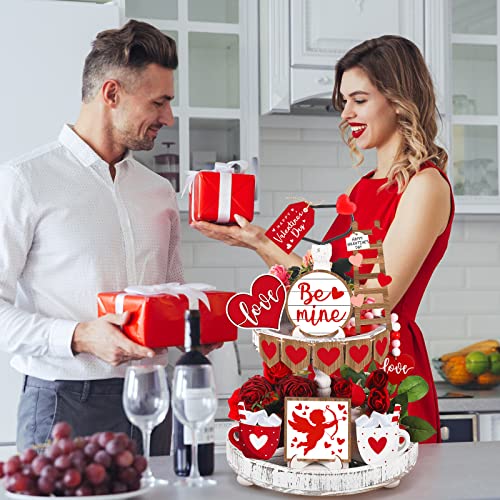Frienda 12 Pieces Tiered Tray Decor Buffalo Plaid Table Wooden Sign Decorations Cupid Tabletop Heart Signs Be Mine Love Decor for Party Home Kitchen Holiday - style: Heart