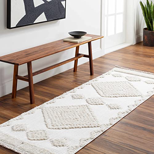 Hauteloom Thackeray Farmhouse Living Room Bedroom Modern Moroccan Medallion Runner Rug - Soft Shaggy High Low Carpet - High Pile - Bohemian, Boho - White, Beige, Cream - 2'7" x 7'3" - color: Cream / Rosales, size: 2'8" x 7'3" (Runner)