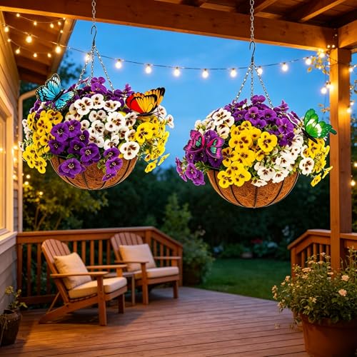 2 Sets Artificial Hanging Baskets with Pansy Flowers , 24 Pcs Faux Silk Pansy，wall hook for plant hanger bracket，Outdoor Hanging Flower for Porch Patio Garden Home (2, White,Yellow,lavender) - color: White,yellow,lavender