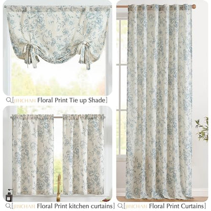 jinchan Blue Floral Linen Kitchen Tier Curtains and Valance Set 3 Pieces - color: Alice | Blue on Linen, size: 26"W x 36"L (Pack of 3)