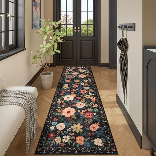 DUKINO 2x10 Runner Rug, Floral Washable Kitchen Runner Rug Non Slip, Black - color: Black, size: 2' x 10' (Rectangular)