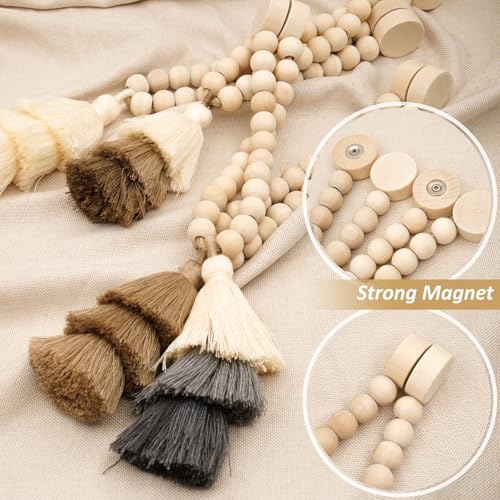 Magnetic Curtain Tiebacks with Wood Beads, Boho Rope Drapery Holdbacks with Triple Tassels, No Drill Curtain Holders for Farmhouse Bedroom, Living Room or Nursery, 2 Pack, Beige Taupe Brown - color: Beige/Taupe/Brown