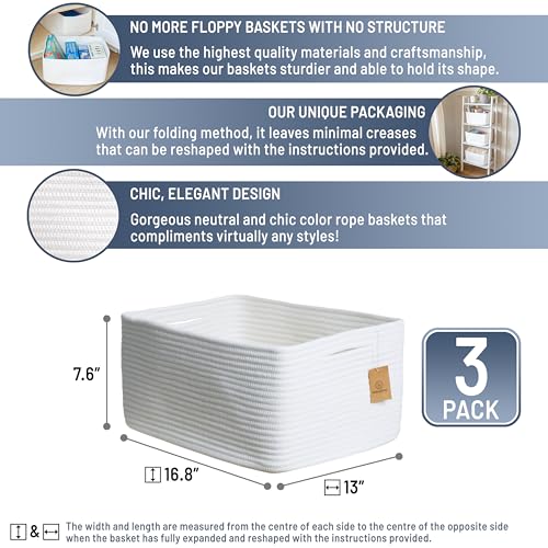 NaturalCozy Storage Baskets 16.8”x13”x7.6” Cotton Rope Woven Baskets for Organizing 3-Pack | Toy Storage Bins | Basket for Shelves, Laundry, Blanket, Clothes, Closet, Kitchen, Bathroom, Gifts - color: Off White