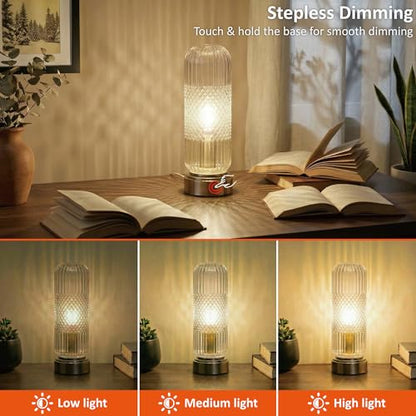 Buruis 11.6 Inch Touch Dimmable Table Lamp with Ribbed Glass Shade, Clear - color: Clear