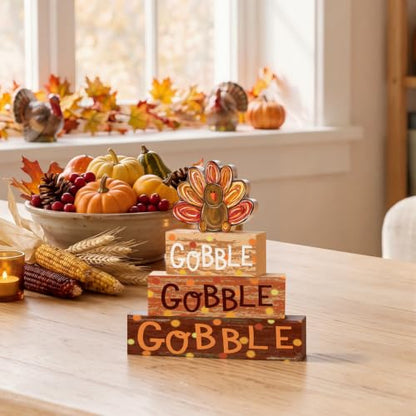 Smile Thanksgiving Wooden Block Signs, Gobble Turkey Decorations - style: Turkey