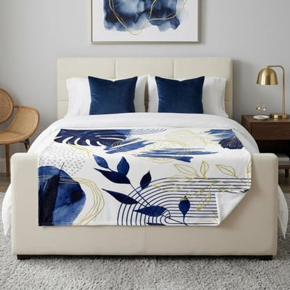 Blue Leaf Throw Blanket, Navy Blue and Gold, 50x60 in - color: Blue, size: 50"Wx60"L