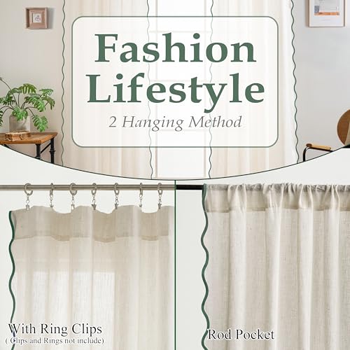 DriftAway Semi Sheer Scalloped Edge Linen Coastal Beach Window Curtains for Living Room Bedroom 2 Panels Rod Pocket Each Size 52 Inch by 96 Inch Loden Green - color: Linen Loden Green, size: 52"W x 96"L (Pack of 2)