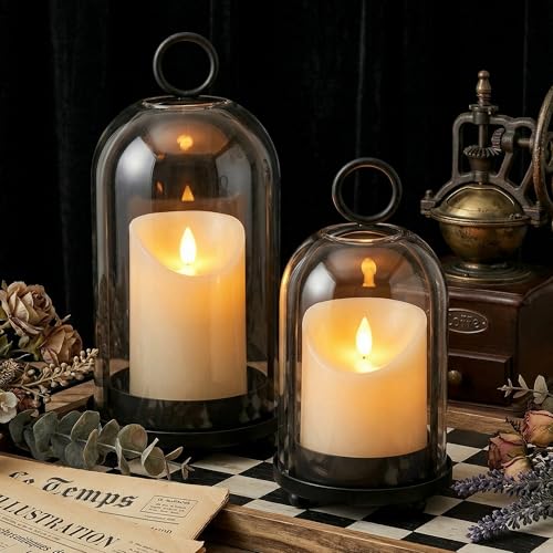 Hurricane Candle Holders Set of 2-10" & 7.8" Black Metal Base with Glass Dome, Includes 2 Pillar Candles, Hanging or Tabletop Centerpiece (Batteries Not Included)