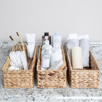 Household Essentials Water Hyacinth Rectangular Storage Basket with Handwoven Fibers and Iron Frame, Natural Finish - color: Natural