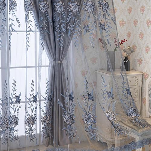 Amidoudou 1 Pair European Double Layer Curtains for Living Room Bedroom Luxury Peacock Flower Embroidered Curtains with Valance (Grey,51x96 Inch) - color: Grey, size: 51"W x 96"L (Pack of 2)