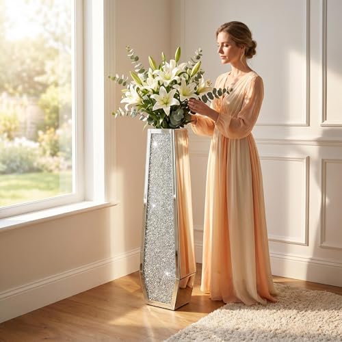 36" Extra Tall Double Sided Crushed Diamond Vases,Six Sided Three-Dimensional Diamond Vase,Extra Large Mirrored Silver Crystal Vase for Home,Office,Hotel(10.6" Lx5.37 W x 36" H) - size: Crushed Diamond:10.6"L X 5.37"W X 36"H
