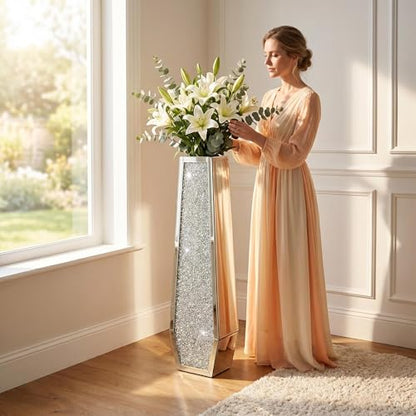 36" Extra Tall Double Sided Crushed Diamond Vases,Six Sided Three-Dimensional Diamond Vase,Extra Large Mirrored Silver Crystal Vase for Home,Office,Hotel(10.6" Lx5.37 W x 36" H) - size: Crushed Diamond:10.6"L X 5.37"W X 36"H