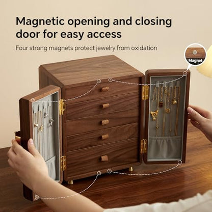 Black Walnut Wood Jewelry Box for Women, Large - size: Double doors