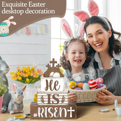 4 Pcs Easter Table Decorations Wooden Table Sign Religious Wood Centerpieces Bunny Blocks Farmhouse Spring Tiered Tray Decor for Home Kitchen Shelf(Rustic Cross) - style: Rustic Cross