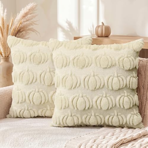 AVOIN colorlife Beige Fall Pumpkin Throw Pillow Covers 16x16 Inch - color: Beige, size: 16" x 16" (Pack of 2)