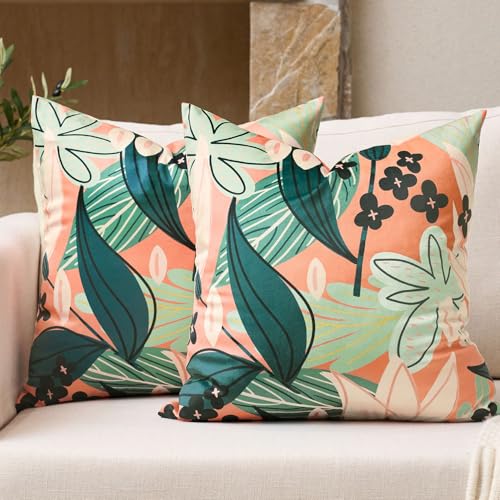 Tyrot Boho Floral Velvet Throw Pillow Covers 20x20 Inch Set of 2 Farmhouse Cushion Covers Mid Century Modern Botanical Home Decor Accent Pillow Cases for Couch Bed Sofa Living Room, Bedroom, Coral - color: Coral Breeze, size: 20" x 20" (Pack of 2)