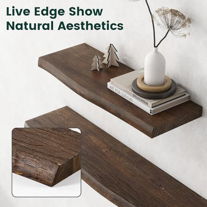 24in Live Edge Solid Elm Floating Shelves, Walnut, Set of 2 - color: Walut Color, size: Live Edge 24 inch, 2Packs