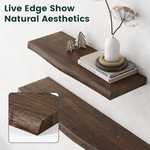 36in Live Edge Solid Elm Floating Shelves, Walnut, Set of 2 - color: Walut Color, size: Live Edge 36 inch, 2Packs