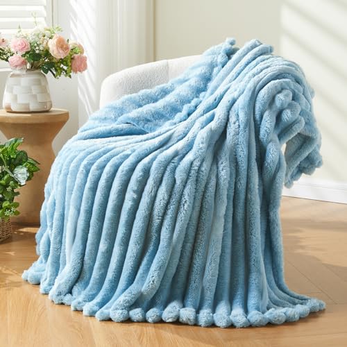 NEWCOSPLAY Fleece Ribbed Cozy Throw Blanket for Couch, Blue, 50"x60" - color: Blue Ribbed, size: Throw(50"x60")