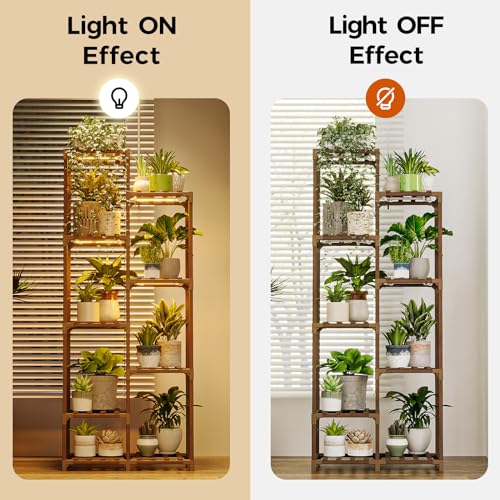 Bamworld Plant Stand with Grow Lights, 9 Tier Tall Large Wood Plant Shelf - color: Brown, size: 9 Tiers - Pro