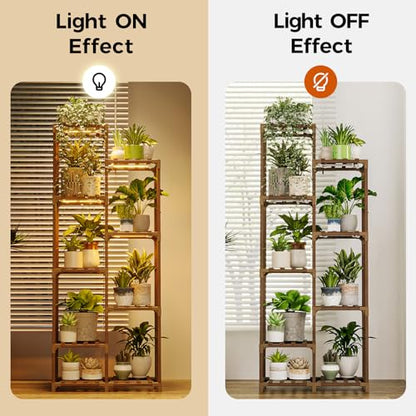 Bamworld Plant Stand with Grow Lights, 9 Tier Tall Large Wood Plant Shelf - color: Brown, size: 9 Tiers - Pro