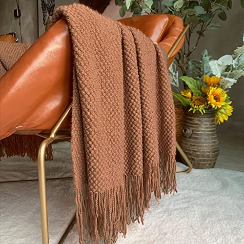 LOMAO Knitted Throw Blanket with Tassels Bubble Textured Lightweight Throws for Couch Cover Home Decor (Caramel, 60x80) - color: Caramel, size: 60x80"