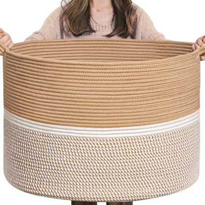 CHICVITA XXL Cotton Rope Woven Blanket Basket with Handles, Brown & White - color: Brown and White