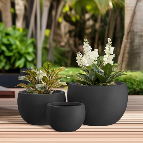 Kante Set of 3 Black Concrete Bowl Planters 20" 15.7" 11.8" Dia - color: Black, size: 19.9"D + 15.7"D + 11.8"D