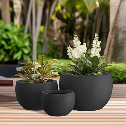 Kante Set of 3 Black Concrete Bowl Planters 20" 15.7" 11.8" Dia - color: Black, size: 19.9"D + 15.7"D + 11.8"D