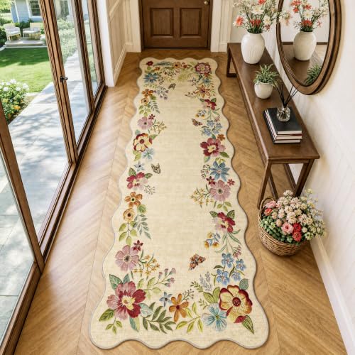 FMFUNCTEX 3x8 Hallway Runner Rug Washable Beige Floral Vintage Scalloped - color: Beige, size: 3' x 8' (Rectangular)