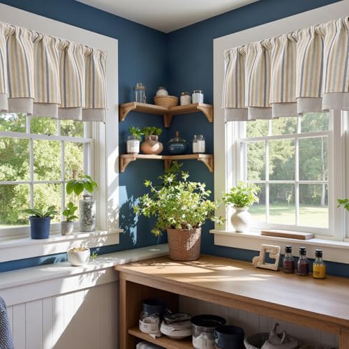 jinchan Stripe Linen Kitchen Valance Curtain, 50x18, 1 Panel, Multi Blue - color: Boxter Striped | Multi Blue on Linen, size: 50"W x 18"L (Pack of 1)
