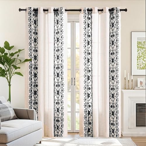 Black Boho Farmhouse Floral Linen Curtains 63 Inch Grommet 2 Panels - color: Black on Beige, size: 52"W x 63"L (Pack of 2)