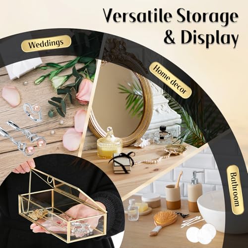 MYFULLY Vintage Gold Glass Jewelry Box with Lid (9 x 3.9 x 2 inch) - size: 9 x 3.9 x 2 inch