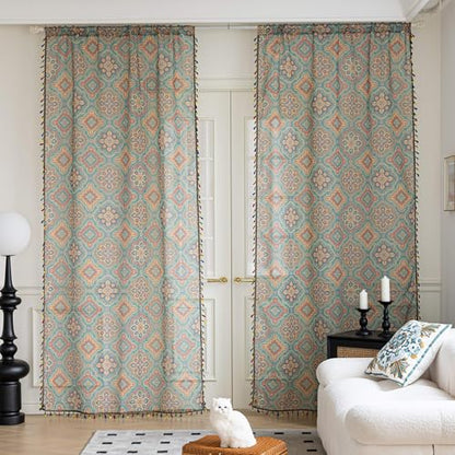 Blue Geometric Sheer Curtains 63 inch Long, Fringed Edges and Textured Semi Sheer Curtains Large Window Treatments for Living Room/Bedroom, 2 Panels - color: Blue Geometry, size: 52"W x 63"L (Pack of 2)