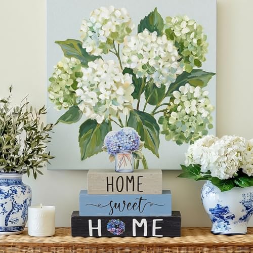 Cinnvoice 4 Pcs Farmhouse Wooden Tabletop Decor Blue Hydrangea Tiered Tray - style: Blue Hydrangea