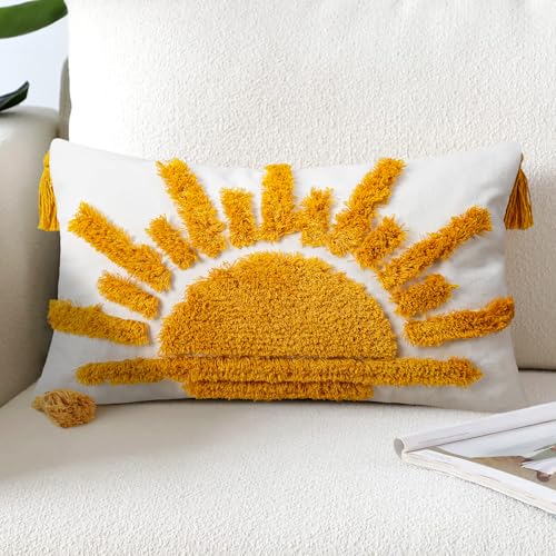 Adabana Boho Decorative Throw Pillow Covers 12x20 Tufted Yellow Sun Sunshine Pillow Cover for Bedroom Living Room Bed Sofa - color: Yellow and White-c Rising, size: 20" x 12" (Pack of 1)