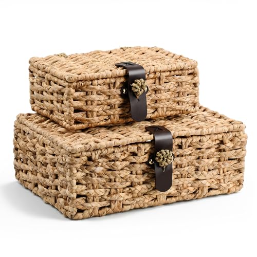 Storage Boxes with Lids, Set of 2 Water Hyacinth Wicker Baskets, Decorative Boxes for Home Decor, Coffee Table, Console Table and Bedroom, Magnetic Closures, Natural