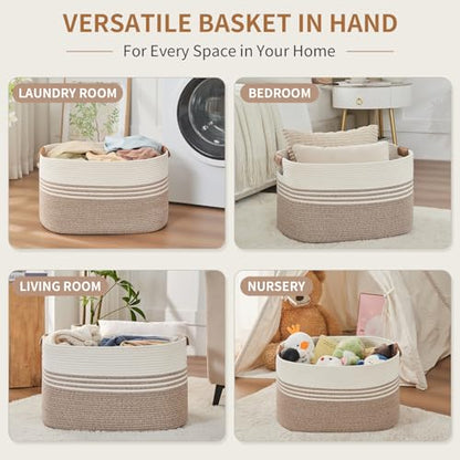 Laundry Hamper with Handles, 72L Rope Laundry Basket, Light Brown & White - color: Light Brown & White, size: 72L