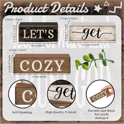 Moucuny 4 Pcs Farmhouse Table Decor Inspirational Wood Signs Let's Get Cozy - style: Let's Get Cozy