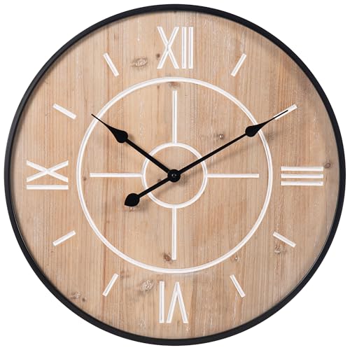 Large Farmhouse Wall Clock 24/30 Inch, Rustic Wood Veneer MDF Clock, Black Metal Frame, Silent Non-Ticking with Roman Numerals for Living Room Kitchen Bedroom - size: 30 inch