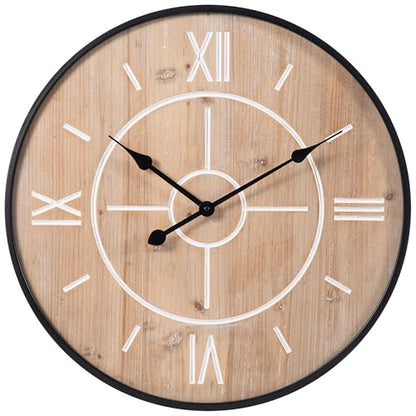 Large Farmhouse Wall Clock 24/30 Inch, Rustic Wooden Clock with Black Metal Frame, Silent Non-Ticking, Roman Numerals for Living Room Kitchen Bedroom - size: 24 inch